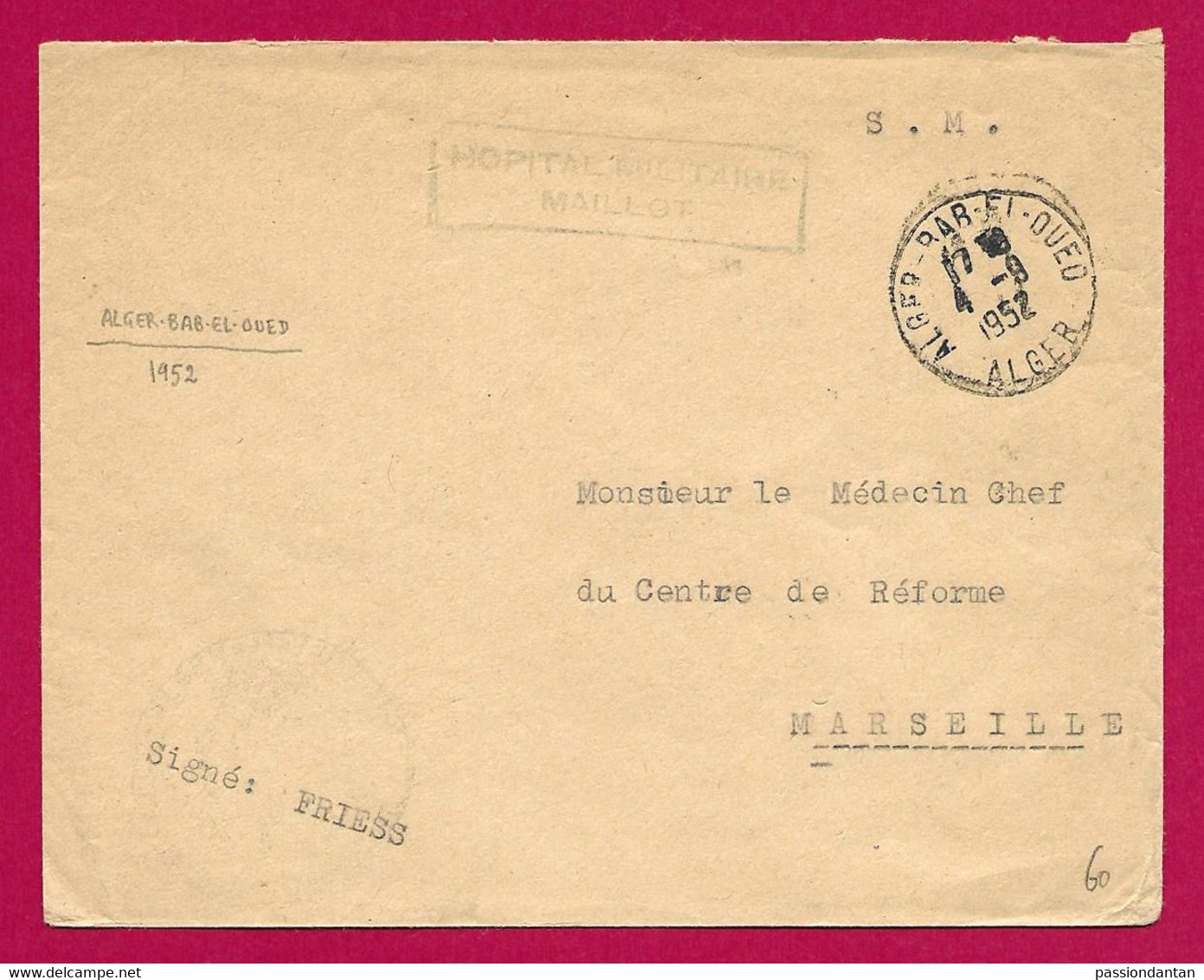Enveloppe Datée De 1952 - Algérie - Alger - Timbre Humide "Hôpital Militaire Maillot" - Sonstige & Ohne Zuordnung