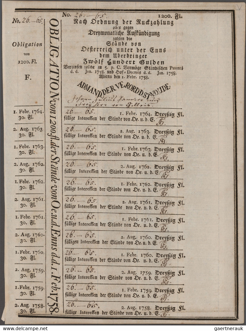 Austria / Österreich: Set With 3 Bonds "Oesterreich Unter Der Enns" 30, 120 And 1200 Gulden 1758, P. - Austria