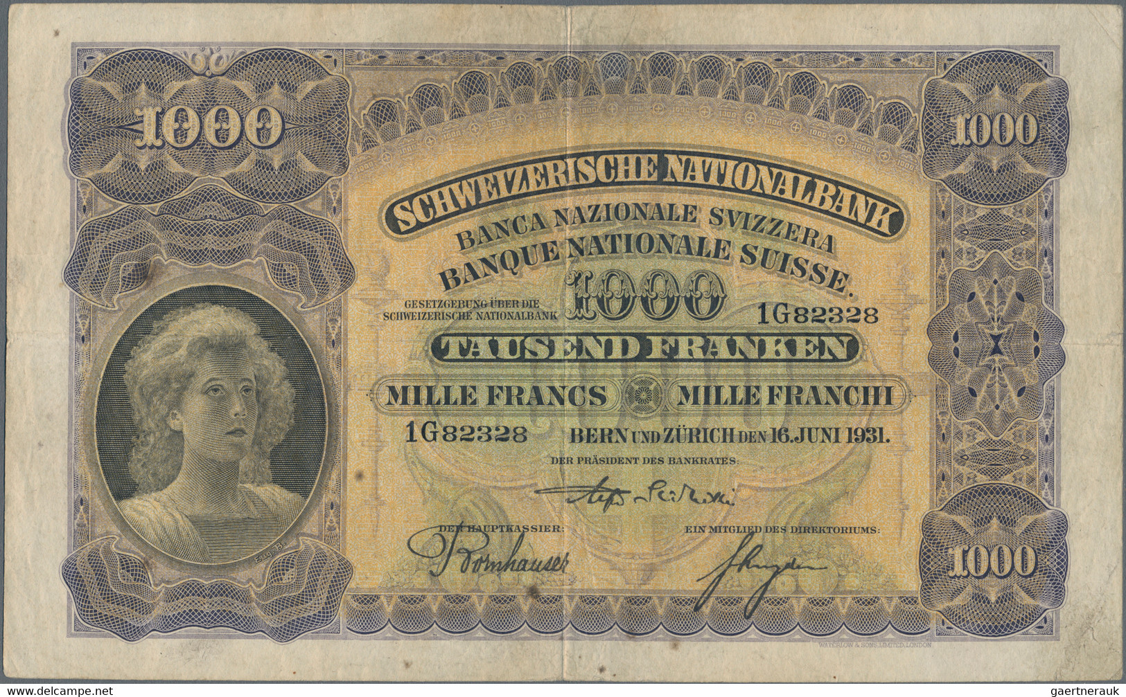 Switzerland / Schweiz: 1000 Franken 16th June 1931, P.37c, Still Nice Without Larger Damages, Lightl - Schweiz