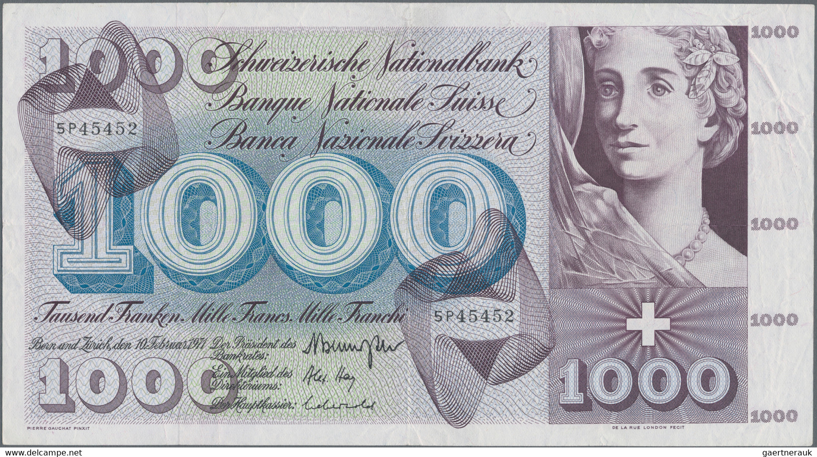 Switzerland / Schweiz: 1000 Franken 10th February 1971, P.52j, Still Very Nice With A Few Folds And - Switzerland