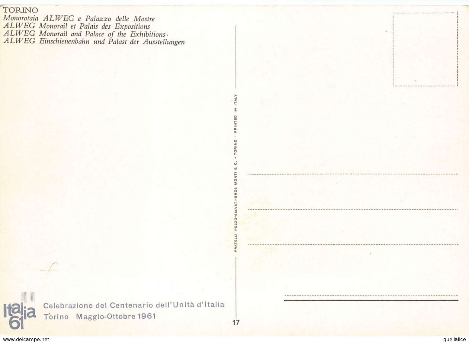 02274 "TORINO - MONOROTAIA ALWEG E PALAZZO DELLE MOSTRE-CELEBRAZIONE UNITA D'ITALIA 1961" ANIMATA. CART NON SPED - Transports