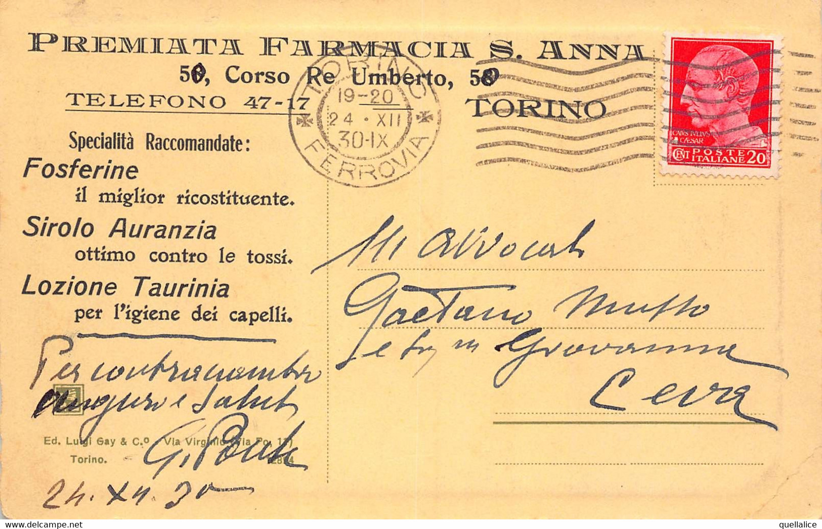 02283 "TORINO - PALAZZO REALE - PREMIATA FARMACIA S. ANNA - SPECIALITA'......" ANIMATA.  CART PUBBLICITARIA SPED 1930 - Palazzo Reale