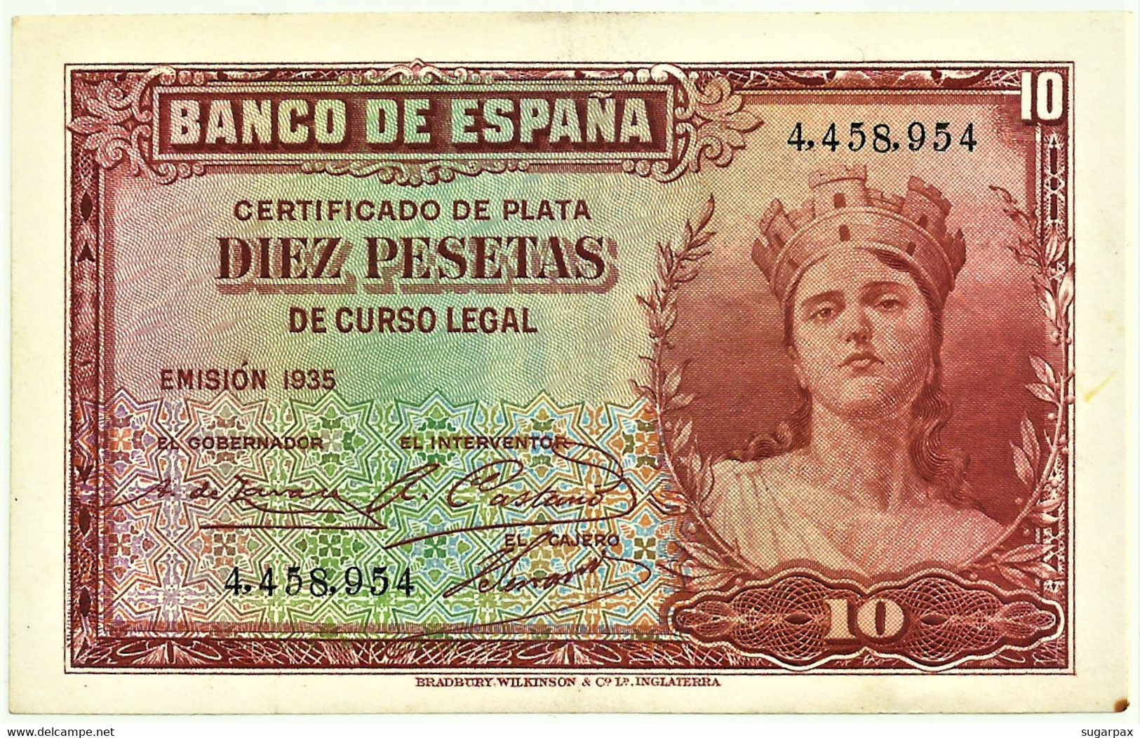 ESPAÑA - 10 Pesetas - Emission 1935 ( 1936 ) - Pick 86 - SIN Serie - Silver Certificate - 10 Pesetas