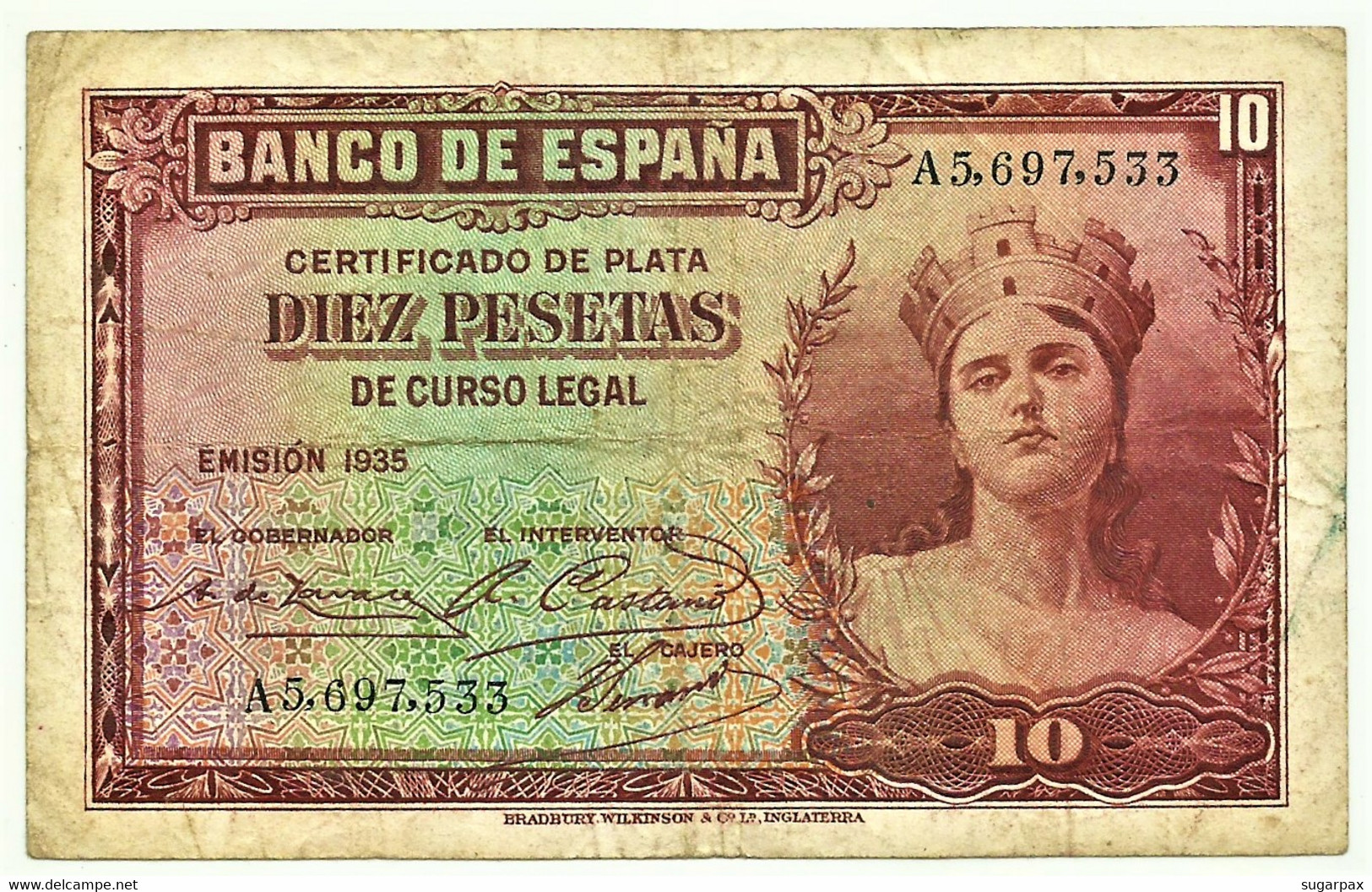 ESPAÑA - 10 Pesetas - Emission 1935 ( 1936 ) - Pick 86 - Serie A - Silver Certificate - 10 Peseten