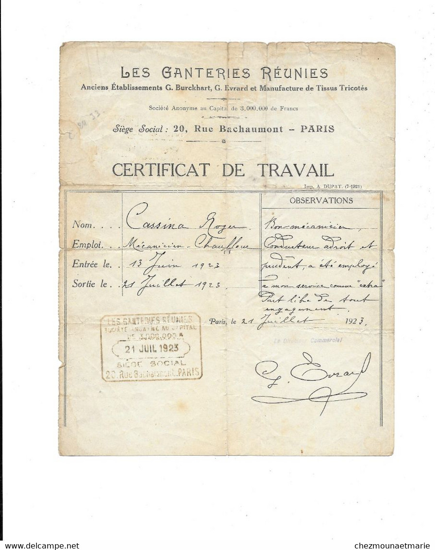 1923 1925 1940 CHAUFFEUR D AUTOMOBILE ROGER CASSINA - LOT DE 7 DOCUMENTS CONCERNANT SON EMPLOI - Voitures