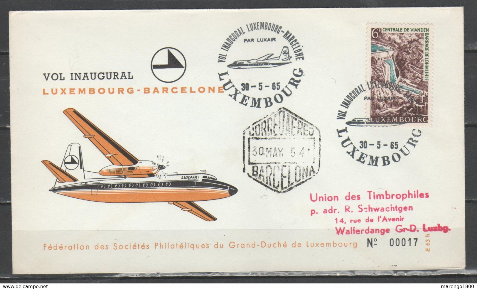 Lussemburgo 1965 - Primo Volo Luxair Lussemburgo-Barcellona          (g7149) - Cartas & Documentos
