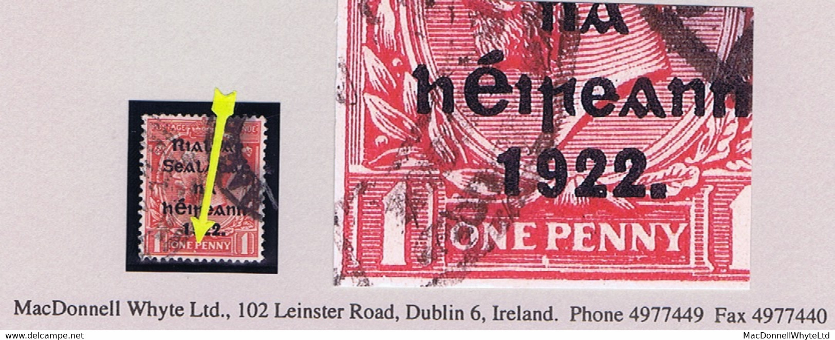 Ireland 1922 Thom Rialtas Ovpt In Blue-black On 1d Var. "Break In Frame Under ONE PENNY", Kilmacthomas Cds 1922 - Used Stamps