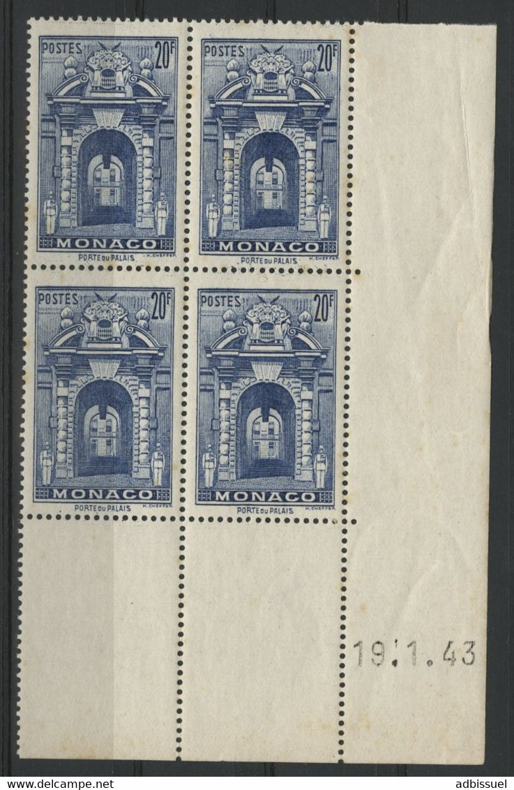 MONACO N° 183 COTE 6,40 € NEUFS *(MH) En Bloc De Quatre Avec Coin Daté 19/1/43 Charnière Et Trâce De Rouille Voir Photos - Unused Stamps