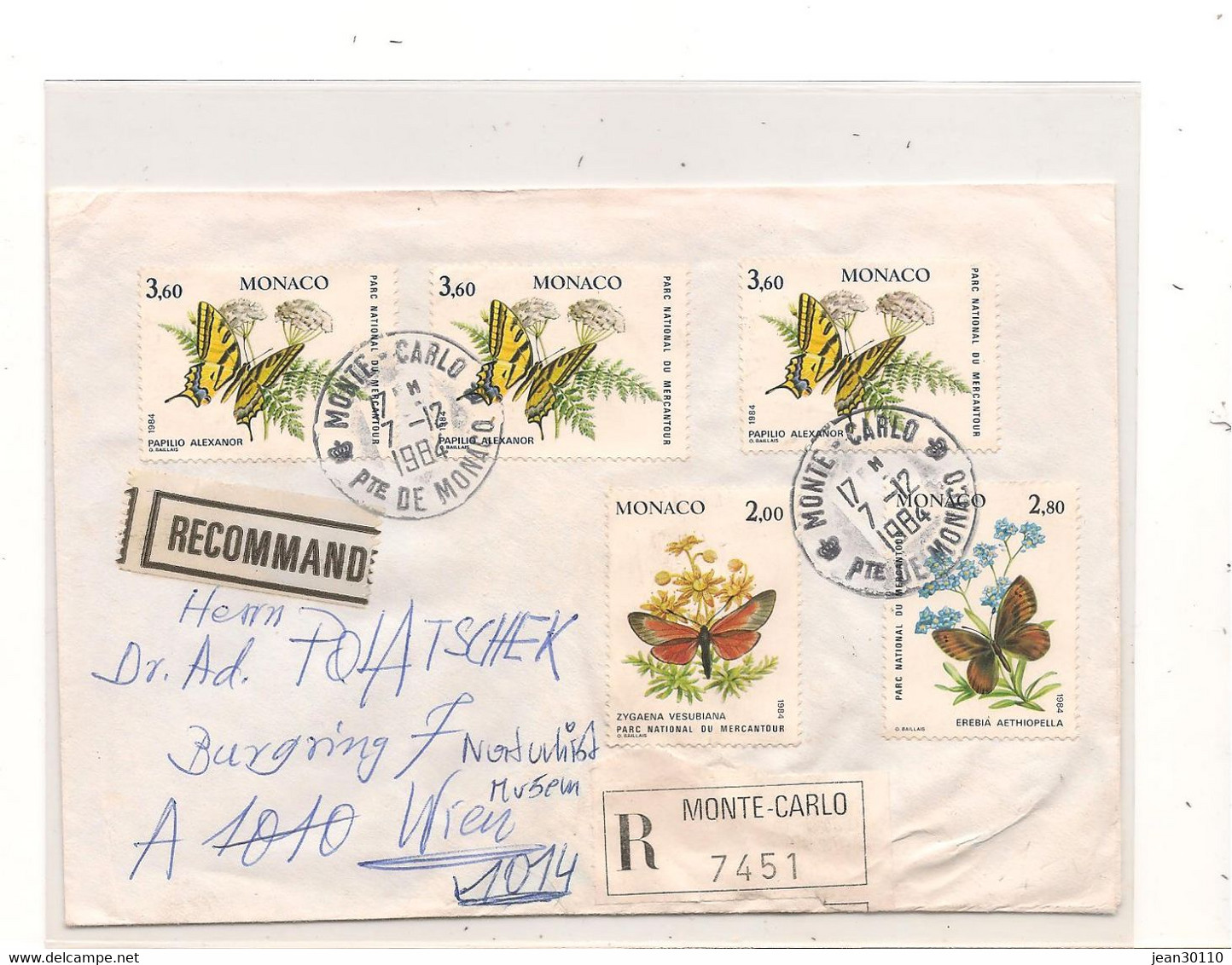 MONACO 7-12-1984  PAPILLONS SUR ENVELOPPE RECOMMANDÉE N° Y/T :1420/1424 - Poststempel