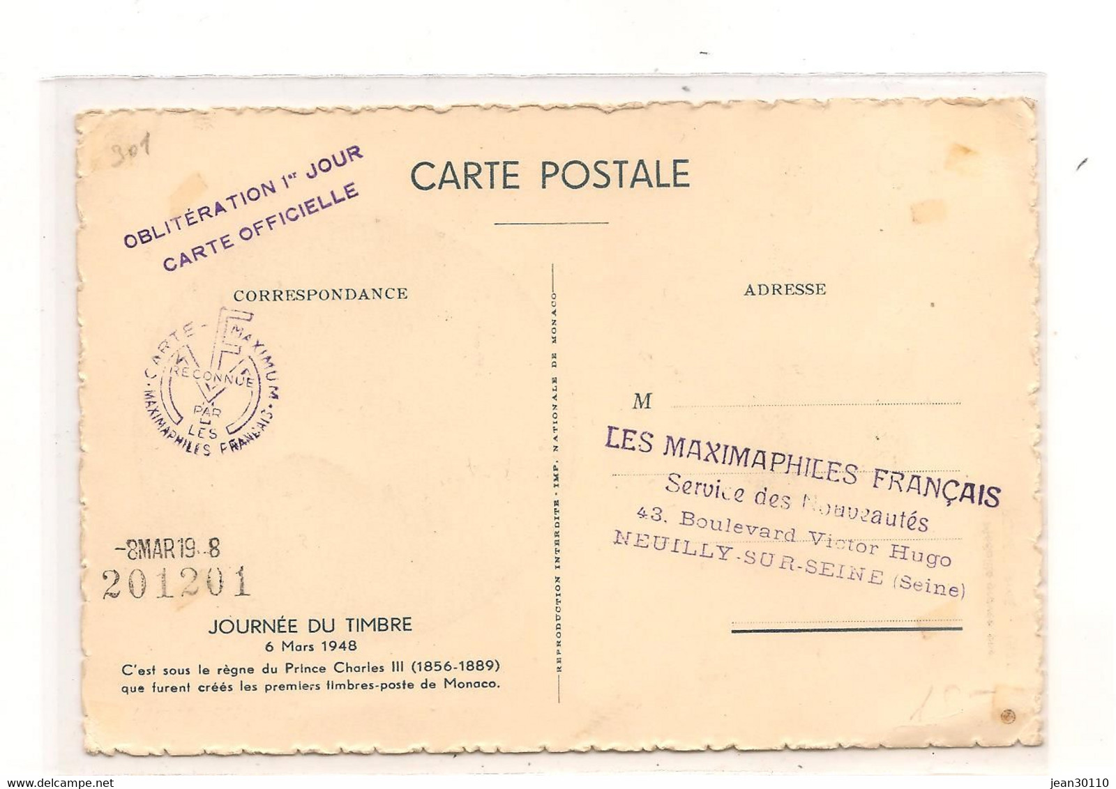 MONACO 6 MARS 1948 CARTE POSTALE JOURNÉE DU TIMBRE CHARLES VII - Postmarks