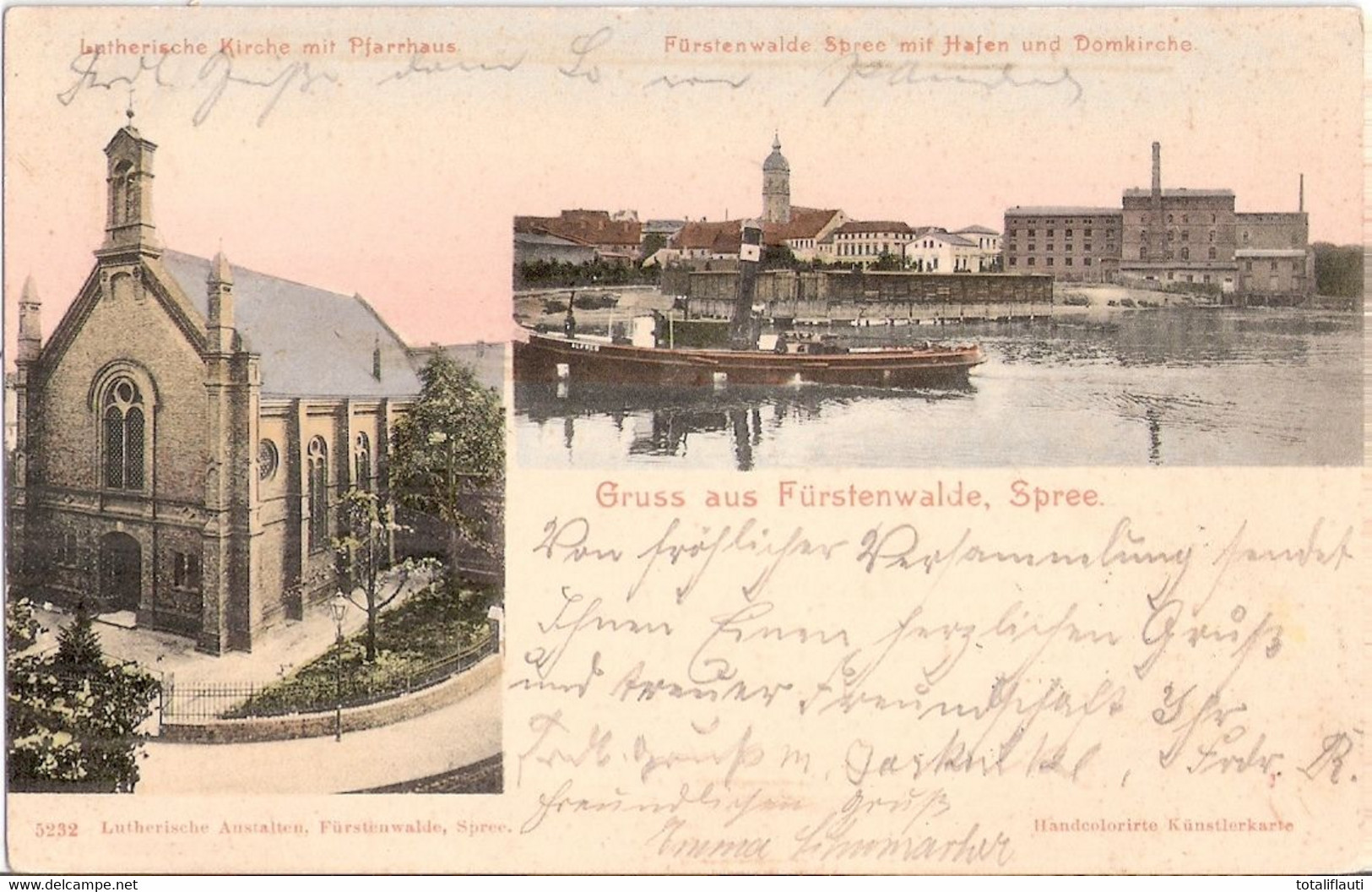 Gruss Aus FÜRSTENWALDE Spree Hafen Mit Domkirche Lastkahn Alfoke Oä TOP-Erhaltung 29.1.1906 Gelaufen - Fuerstenwalde