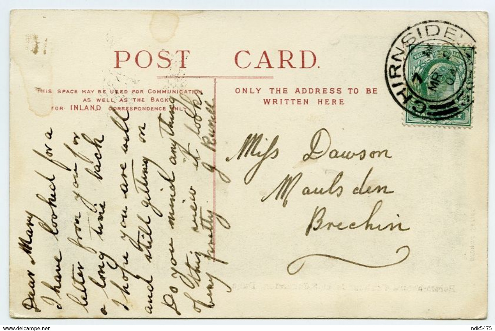 DUNS : BERWICKSHIRE FOXHOUNDS AT MANDERSTON / POSTMARK - CHIRNSIDE / ADDRESS - BRECHIN, MAULESDEN (DAWSON) - Berwickshire