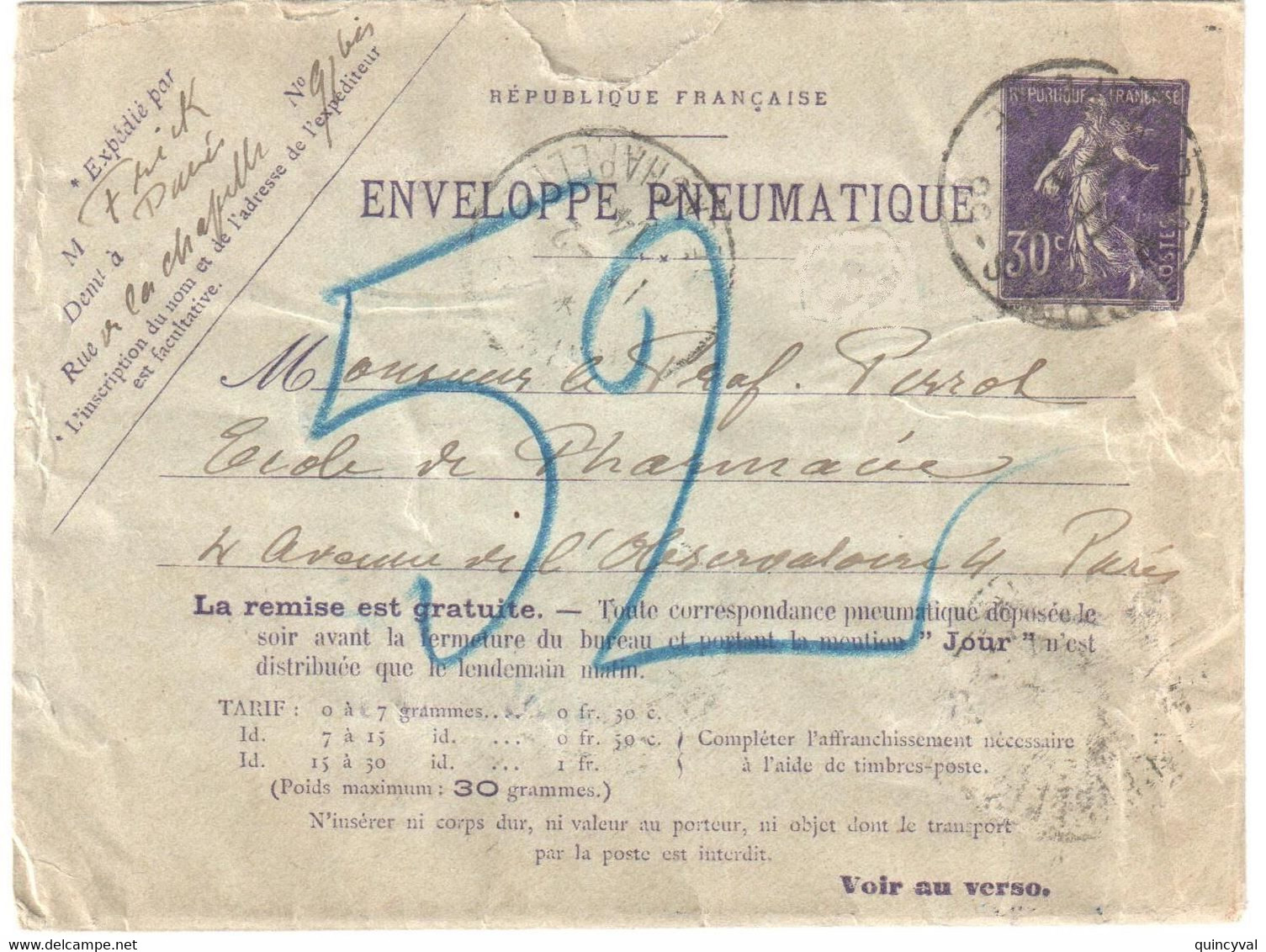 PARIS 58 R La Chapelle Pneumatique Enveloppe Entier 30c Semeuse Dest Paris 52 Yv EPP3 Storch K17 Ob 11 2 1914 42 Villes - Pneumatic Post