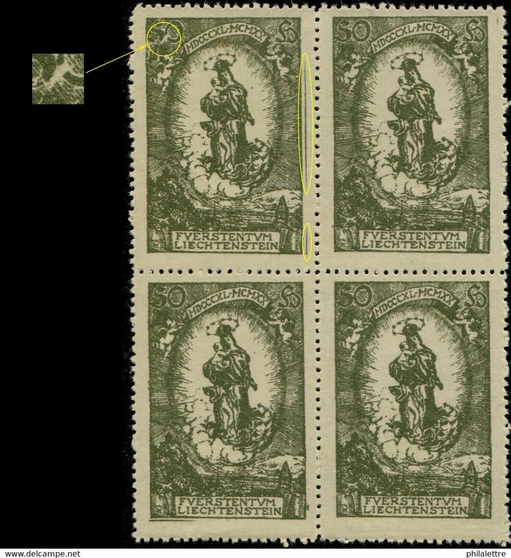 LIECHTENSTEIN 1920 - Mi.40.IV "weisser Strich Durch 50" In Block Of Four Mint ** - Unused Stamps