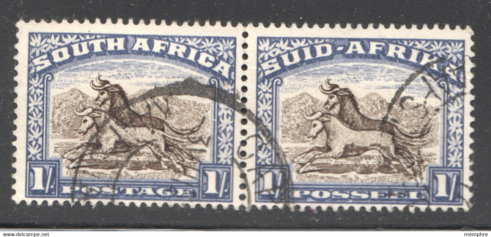 1952   1/- Wildebeest  Bilingual Pair  SG  120a Blackish Brown And Ultramarine  Used - Gebraucht