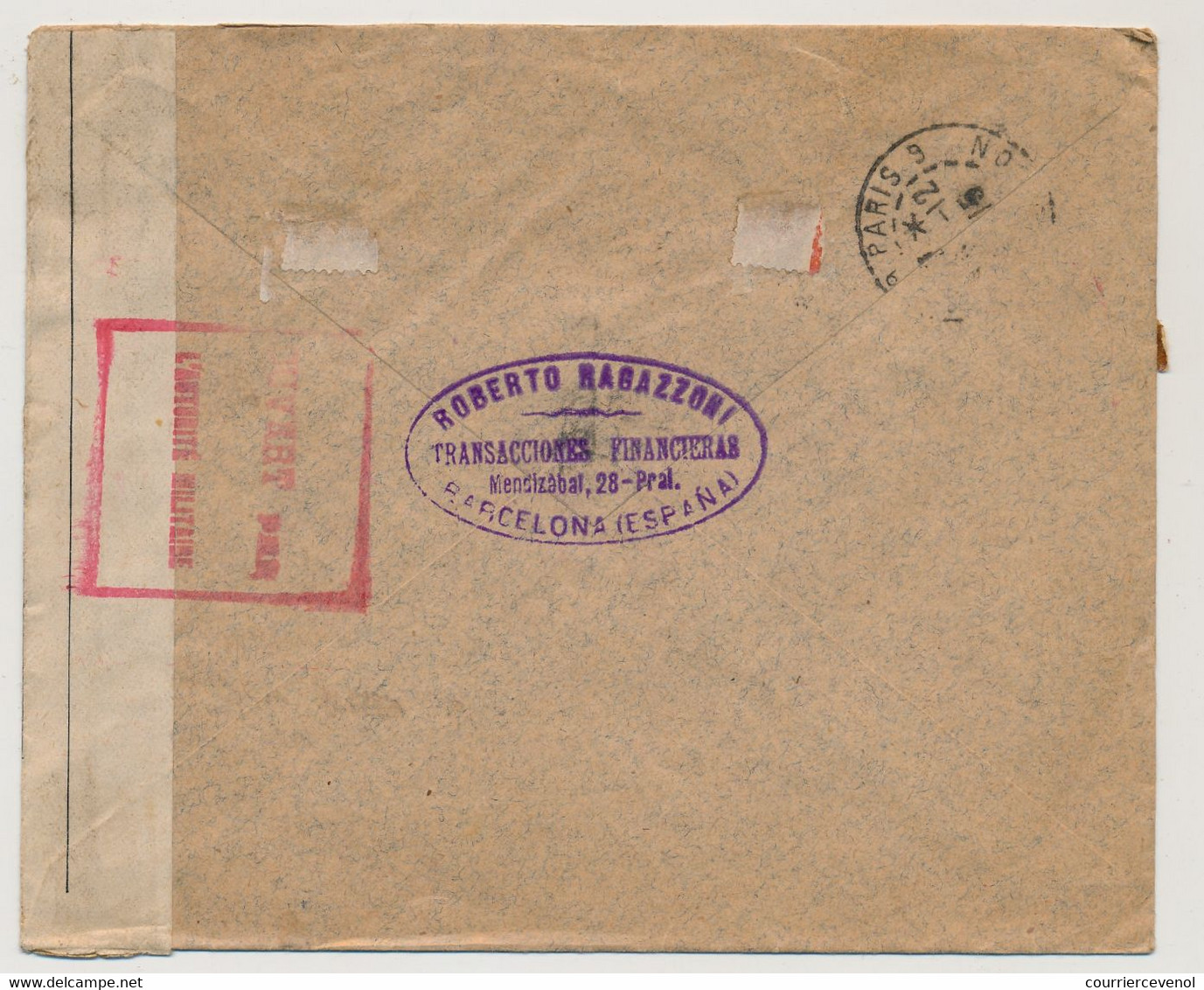 ESPAGNE - Enveloppe R Depuis Barcelone, Censure Française "Ouvert Par L'autorité Militaire" (Bande PTT) 1915 - Covers & Documents