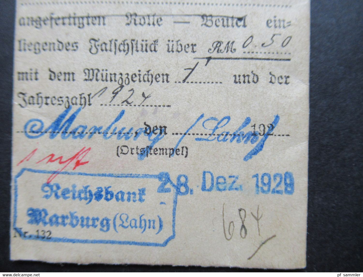 Deutsches Reich 1929 Kleine Tüte Inneliegend Falschstück RM 0,50 / Falschgeld! Reichsbank Marburg (Lahn) - 50 Renten- & 50 Reichspfennig