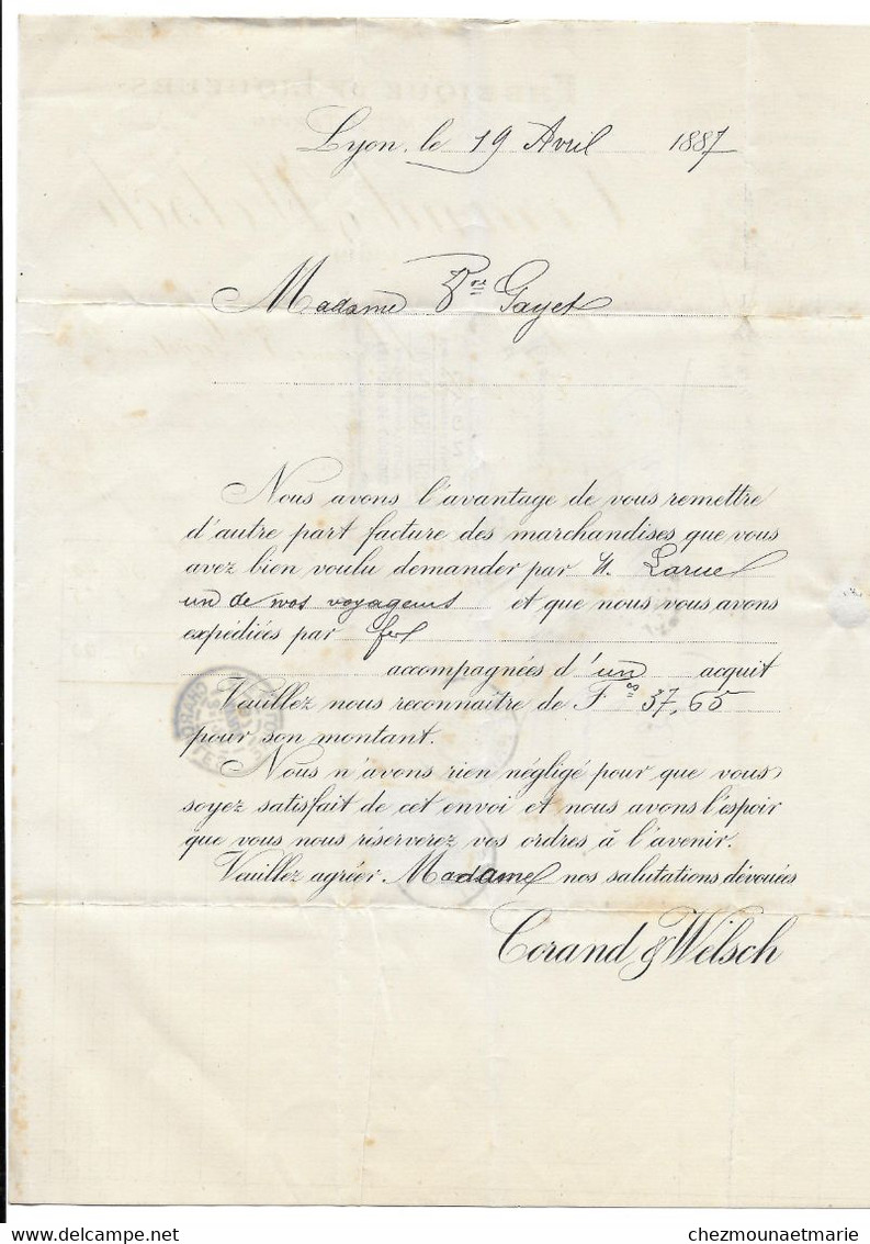 1887 LYON - FEBRIQUE LIQUEURS CORAND WELSCH POUR MME GAYET A CHAROLLES - LOT DE 2 DOCUMENTS - Documents Historiques