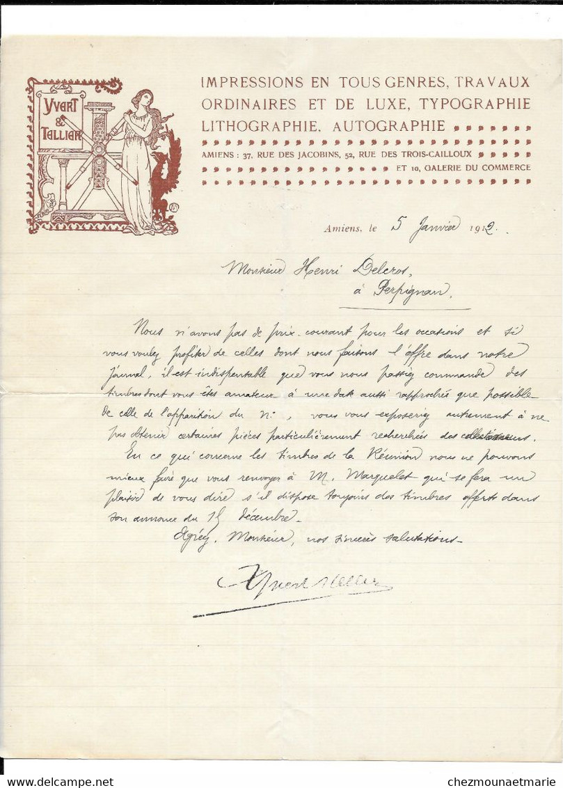 1912 AMIENS - YVERT ET TELLIER POUR HENRI DELCROS A PERPIGNAN - DOCUMENT A ENTETE - Documents Historiques