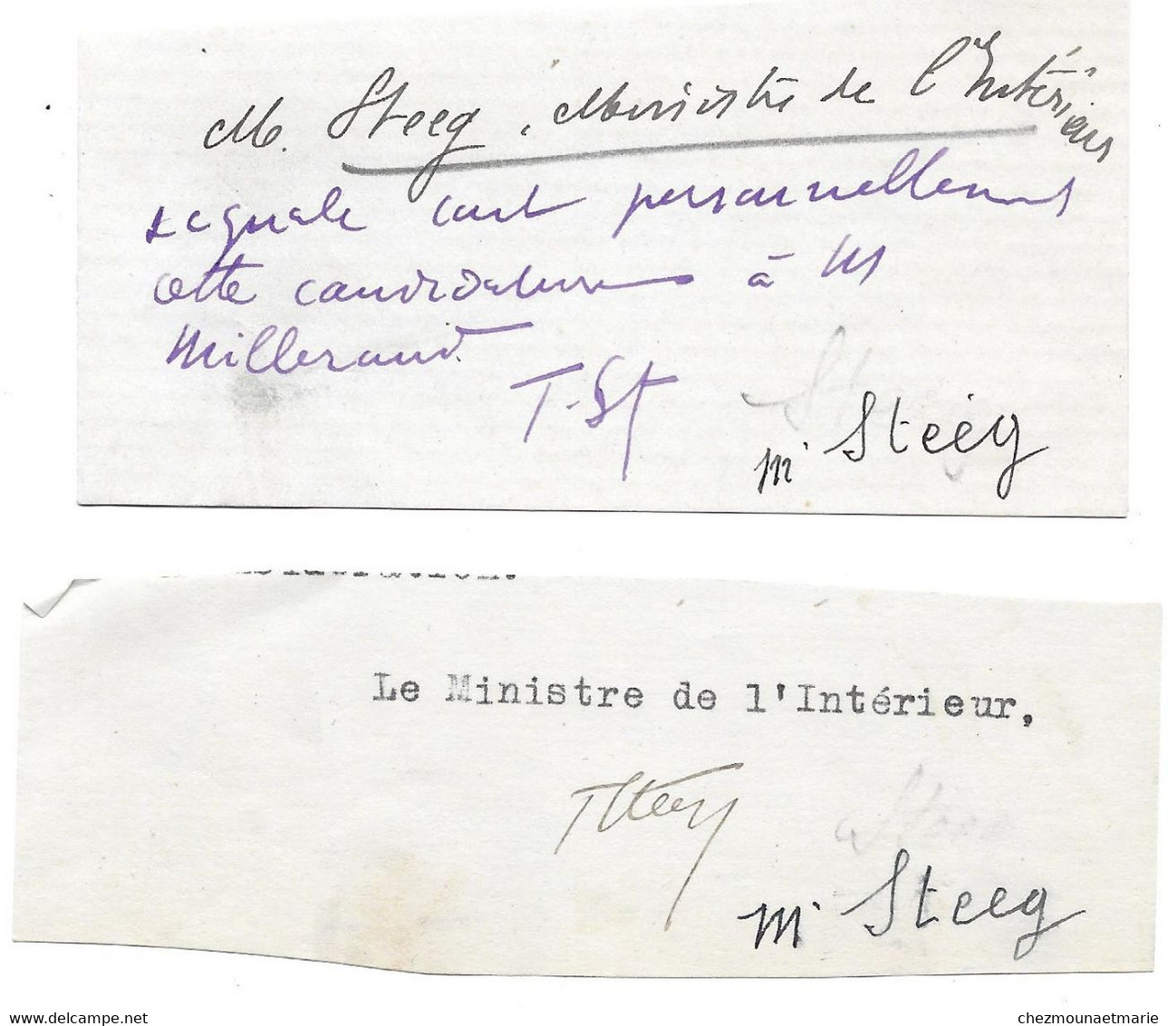 MINISTRE DE L INTERIEUR THEODORE STEEG - AUTOGRAPHE SIGNATURE SUR FRAGMENTS - Autres & Non Classés