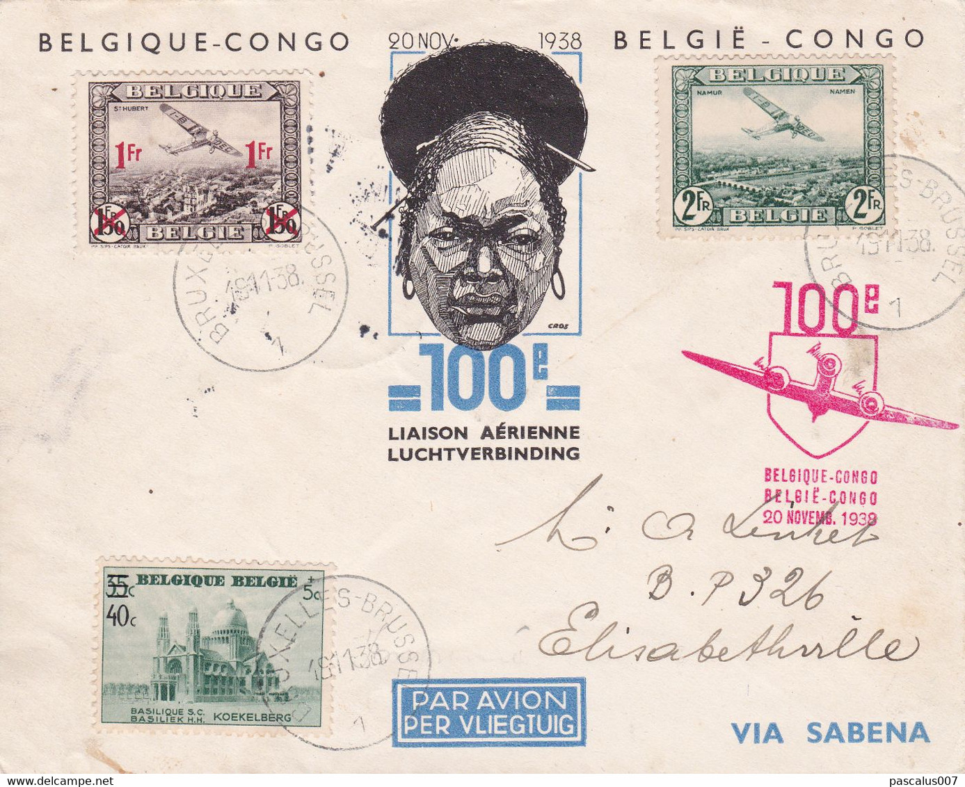B01-285 Belgique Congo 100e Liaison Aérienne Sabena 18-11-1938 Avion Via Léopoldville Sabena Cob 481 PA 3 6 Aérienne - ....-1951