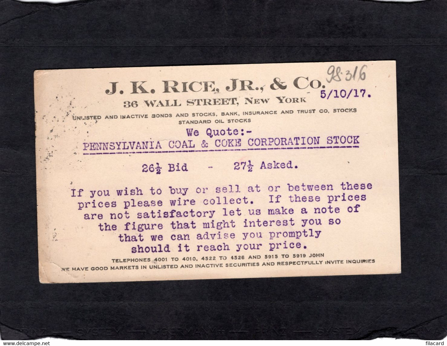 98316     Stati  Uniti,   J. K.  Rice, Jr.,  & Co,  Wall Street,  New York,  VG  1917 - Wall Street