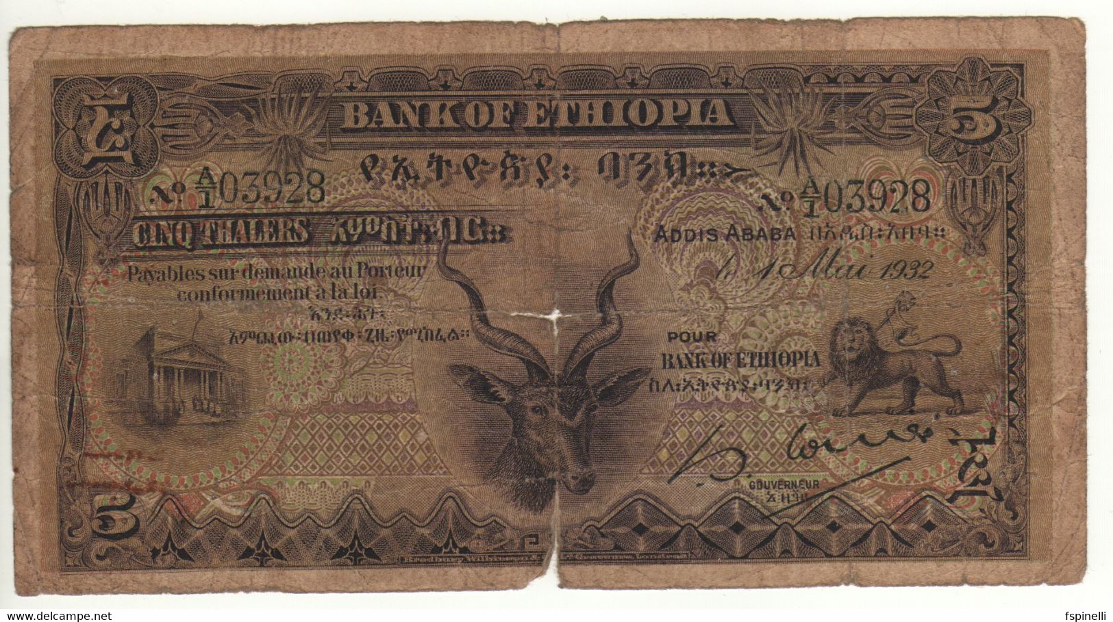 ETHIOPIA  5 Thalers   P7      ( Dated  01.-5.1932 ) - Etiopía
