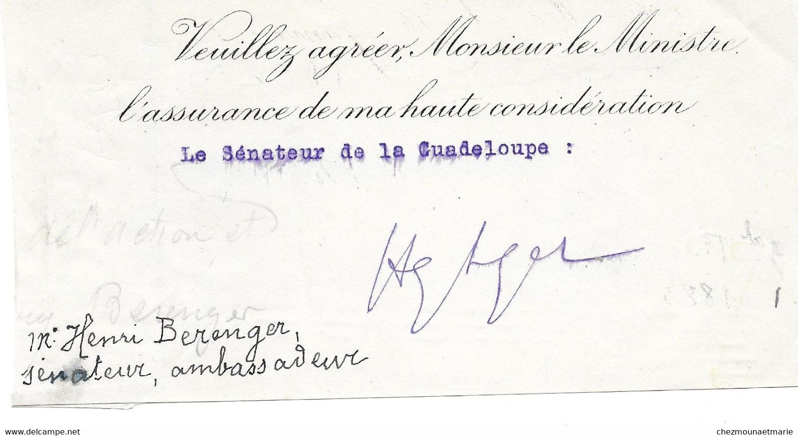 HENRY BERENGER SENATEUR DE LA GUADELOUPE AMBASSADEUR - AUTOGRAPHE SIGNATURE SUR FRAGMENT - Other & Unclassified