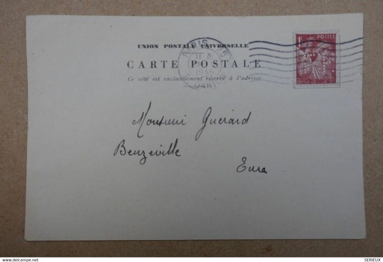 FRANCE CARTE Lettre De Paris RUE DANTON A Beuzeville Eure 1945 + PERFORATION F K - 1939-44 Iris