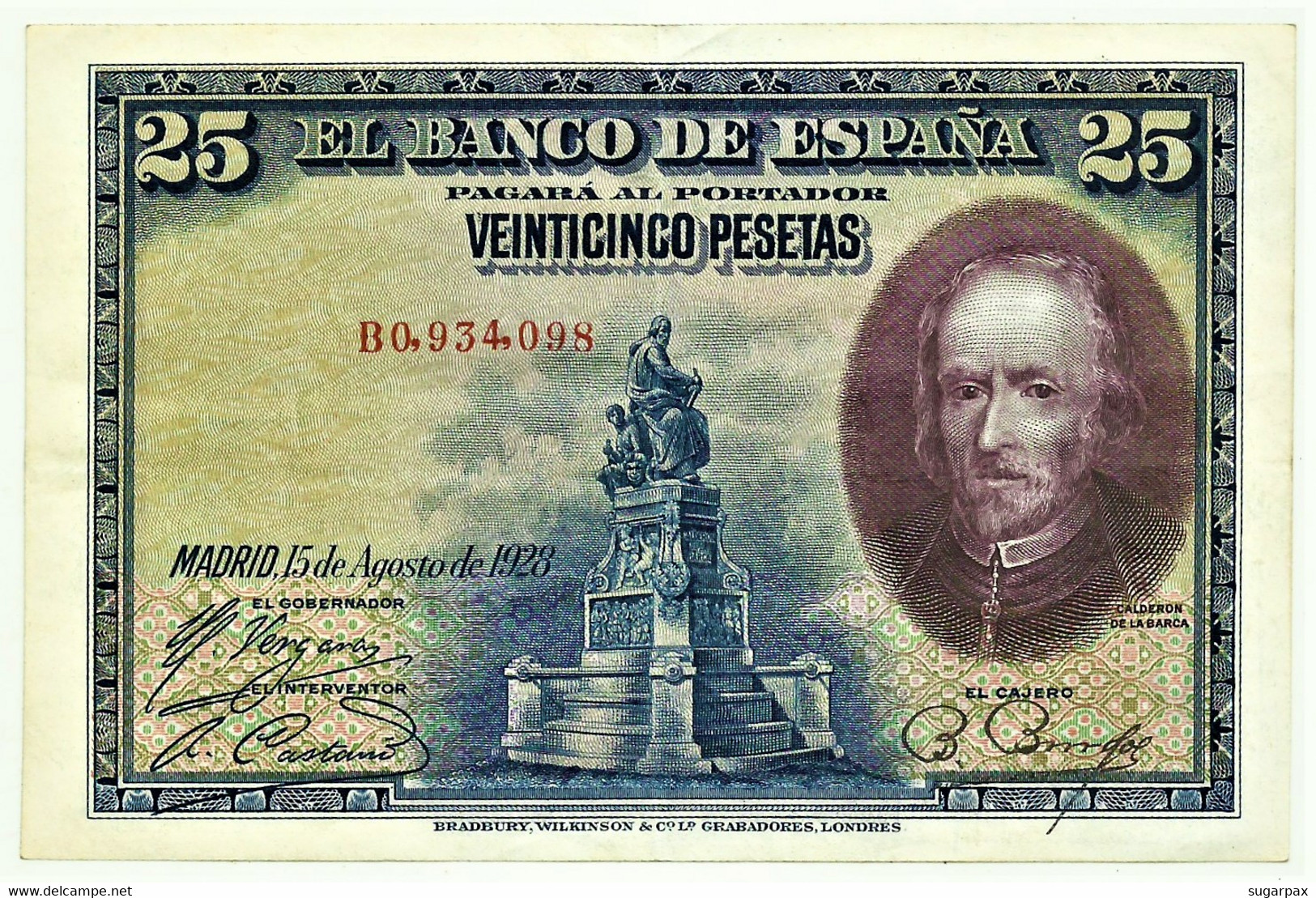 ESPAÑA - 25 Pesetas - 15.08.1928 - Pick 74.b - Serie B - Pedro Calderón De La Barca - Kingdom - 1-2-5-25 Pesetas