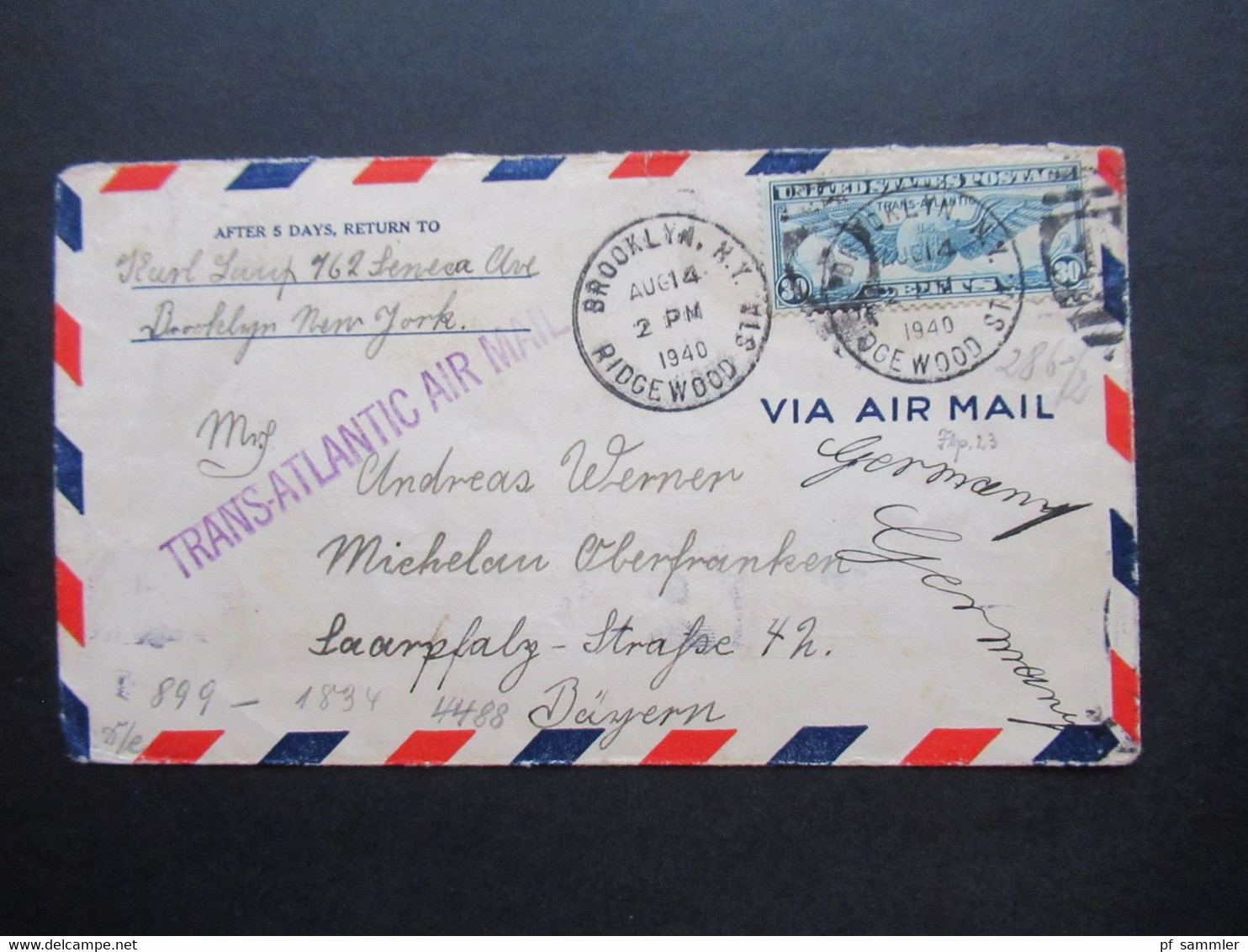 USA 1940 Zensurbeleg OKW Zensurstreifen Geöffnet / Mehrfachzensur Trans Atlantic Air Mail Brooklyn - Oberfranken - Cartas & Documentos