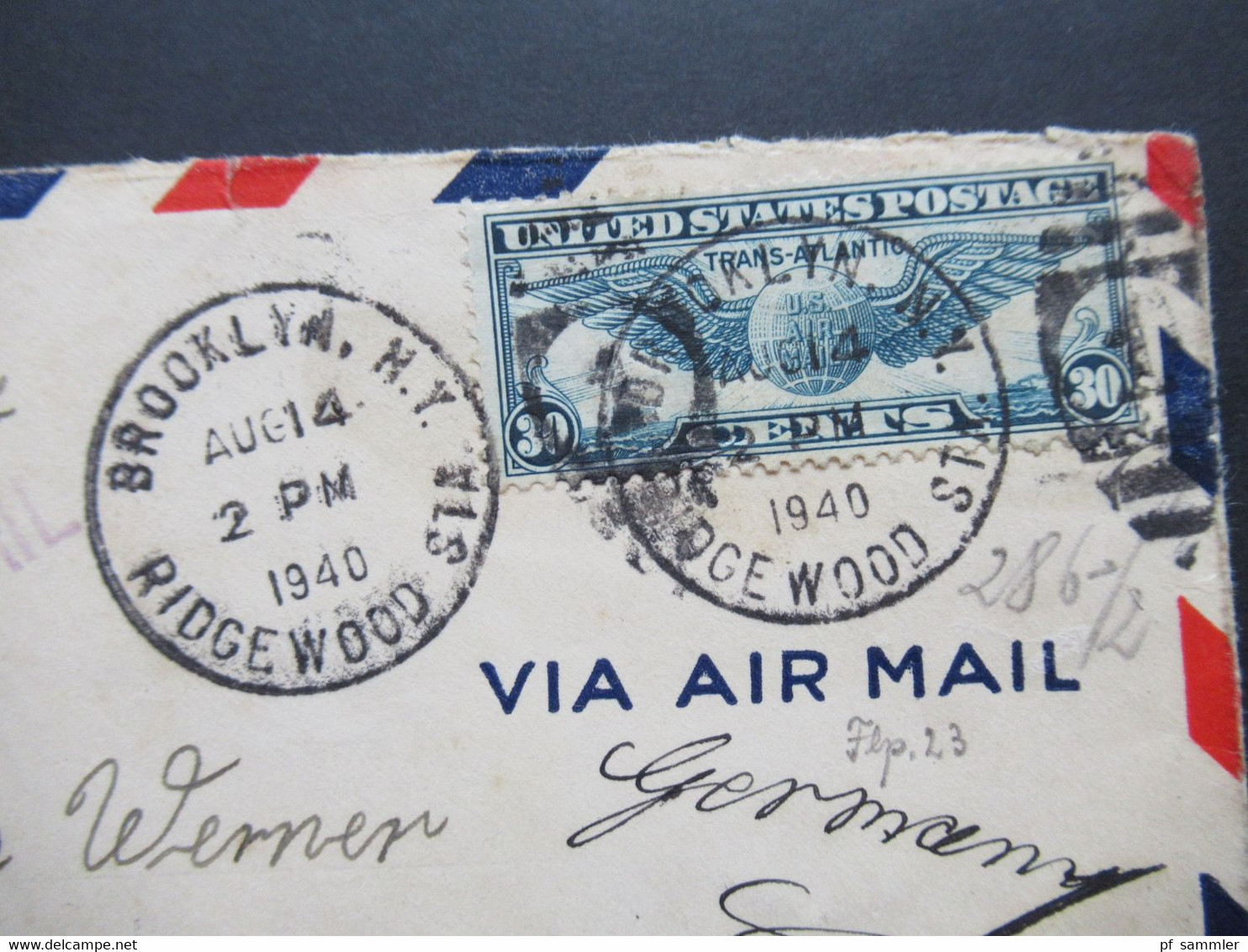 USA 1940 Zensurbeleg OKW Zensurstreifen Geöffnet / Mehrfachzensur Trans Atlantic Air Mail Brooklyn - Oberfranken - Brieven En Documenten