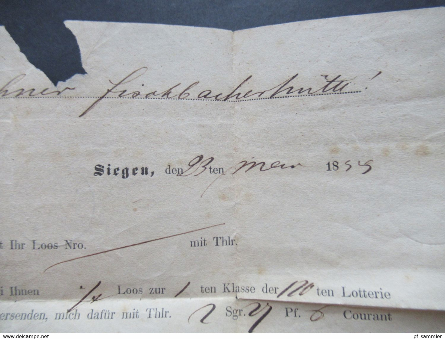 AD Preussen 23.5.1859 Stempel Ra2 Siegen - Fischerbacherhütte B. Freudenberg Nota Preuss. Lotterie Einnehmer - Briefe U. Dokumente