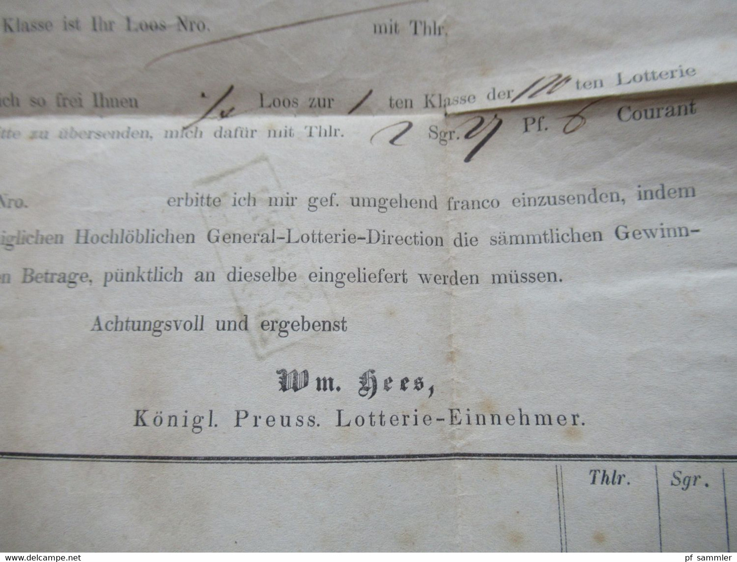 AD Preussen 23.5.1859 Stempel Ra2 Siegen - Fischerbacherhütte b. Freudenberg Nota Preuss. Lotterie Einnehmer