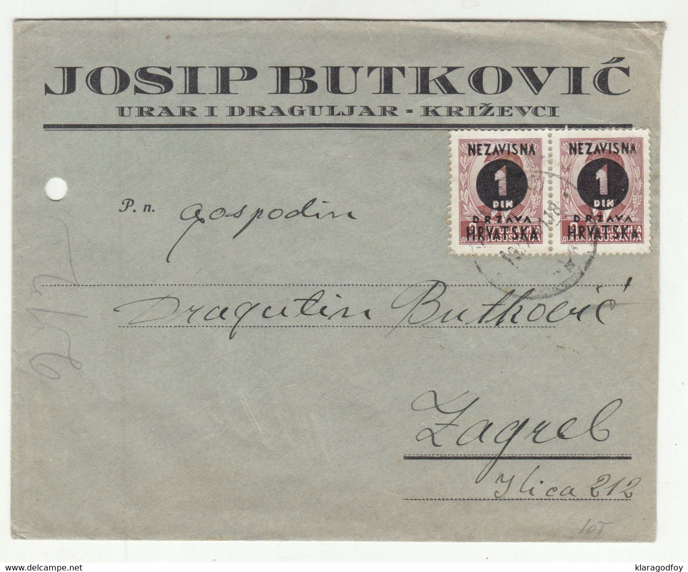Croatia WWII NDH Josip Butković Urar I Draguljar Križevci Company Letter Cover Posted 1941 To Zagreb D B210112 - Croatia
