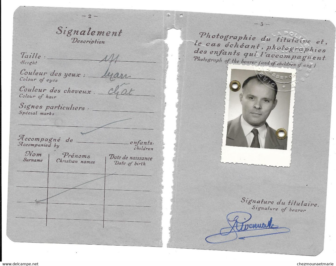1959 PARIS - RIVEMALES GEORGES NE EN 1911 A SERVIAN CHEF DE SECTION - TF 3200 FRANCS - FRAGMENT DE PASSEPORT - Documents Historiques