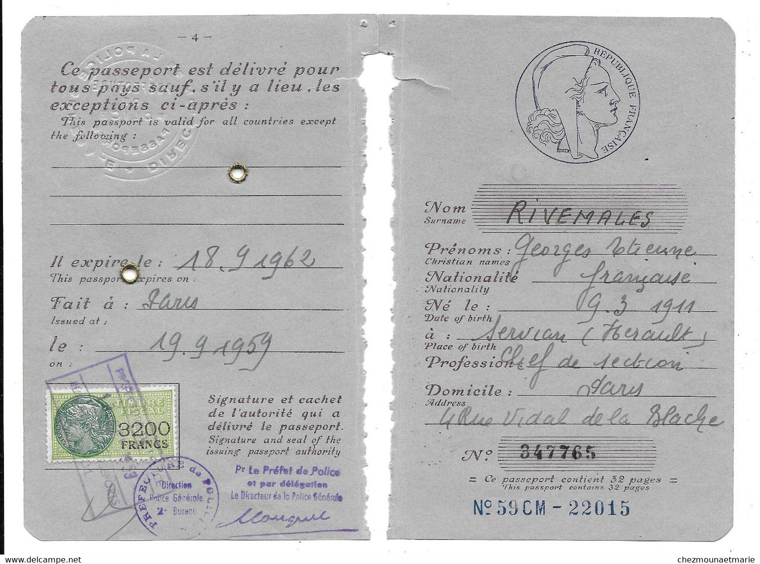 1959 PARIS - RIVEMALES GEORGES NE EN 1911 A SERVIAN CHEF DE SECTION - TF 3200 FRANCS - FRAGMENT DE PASSEPORT - Documents Historiques