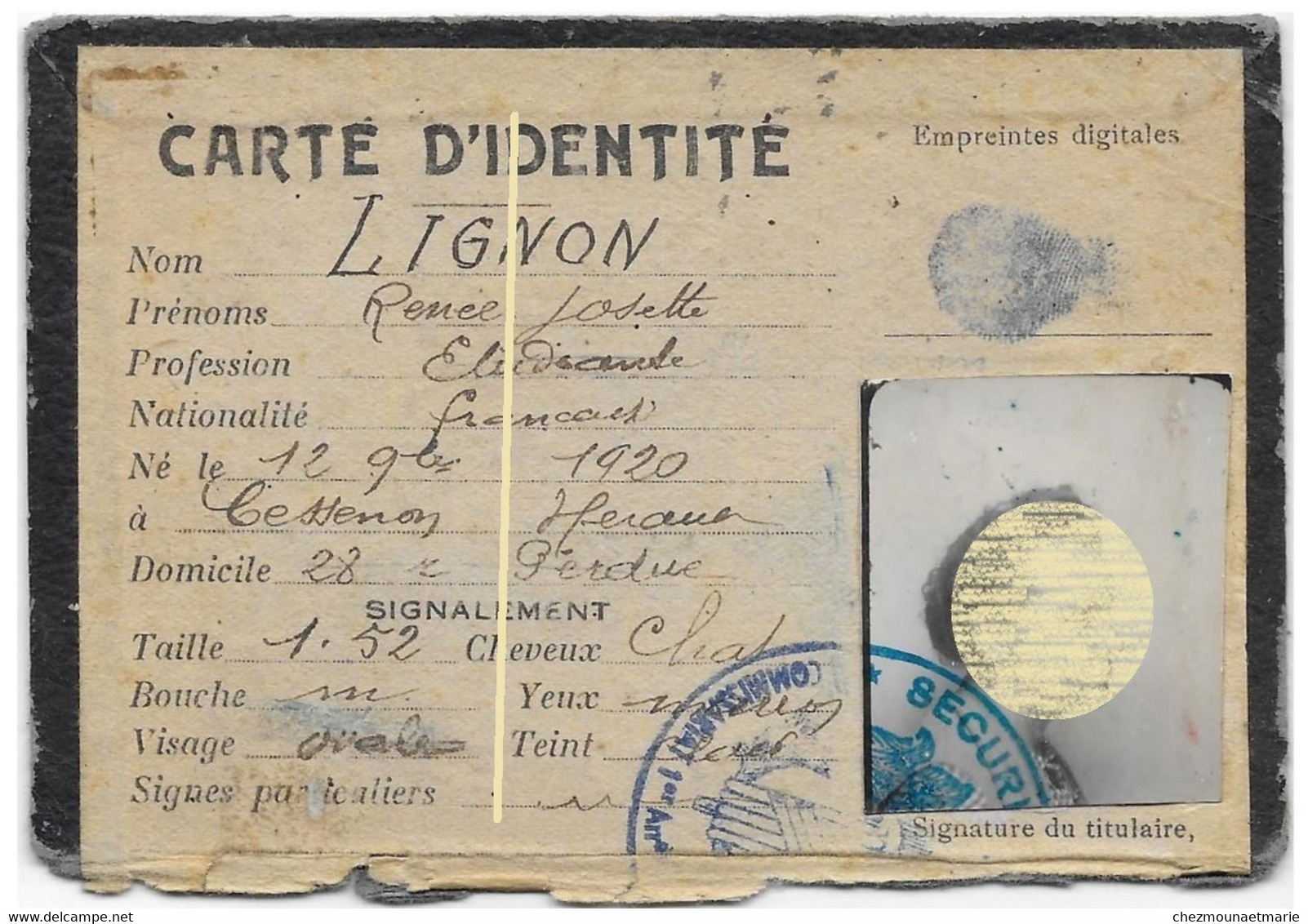 LIGNON RENEE ETUDIANTE NEE EN 1920 A CESSENON (HERAULT) - FRAGMENT CARTE IDENTITE - Documents Historiques