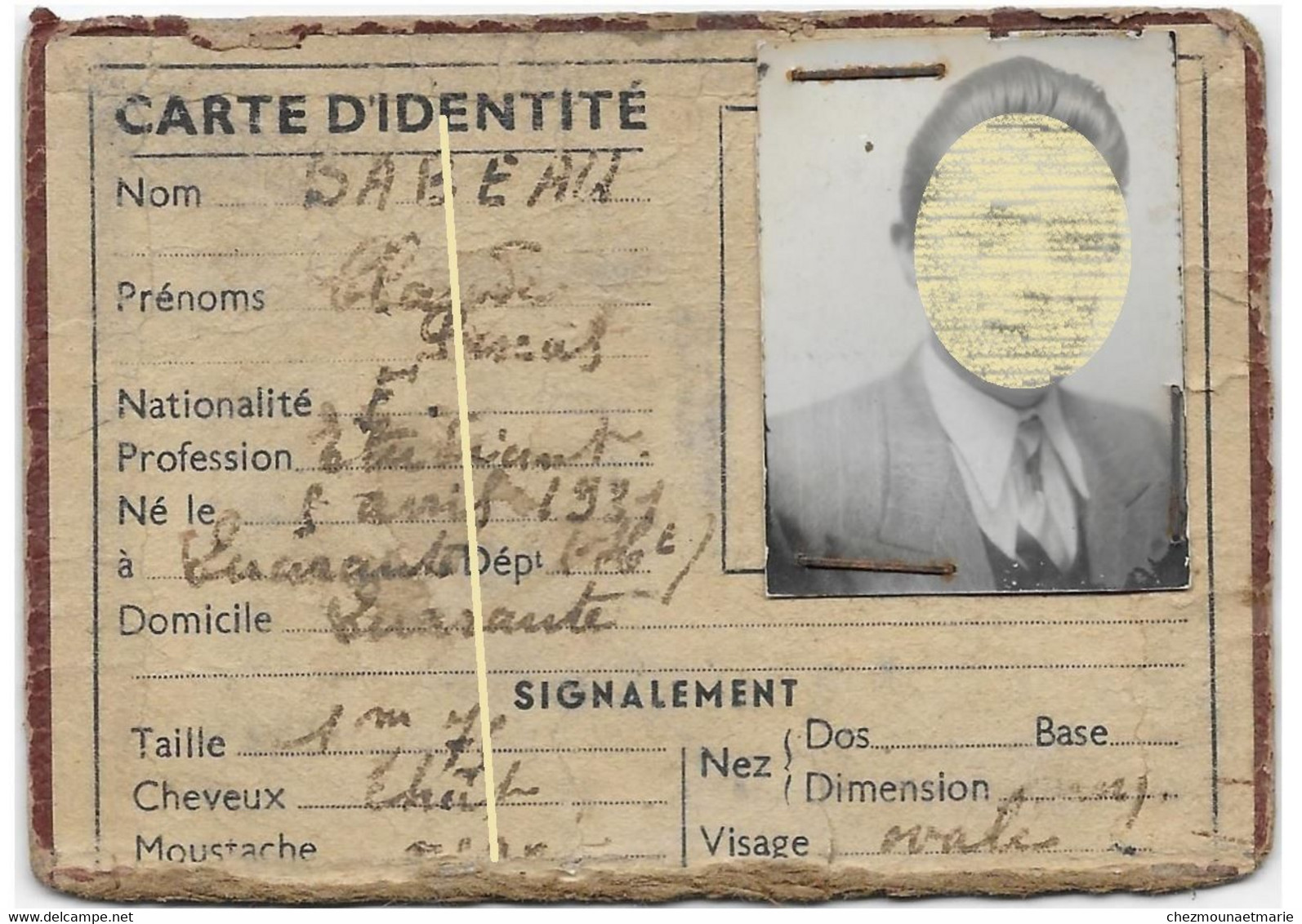 SABEAU CLAUDE ETUDIANT NE EN 1931 A QUARANTE (HERAULT) - FRAGMENT CARTE IDENTITE - Documents Historiques