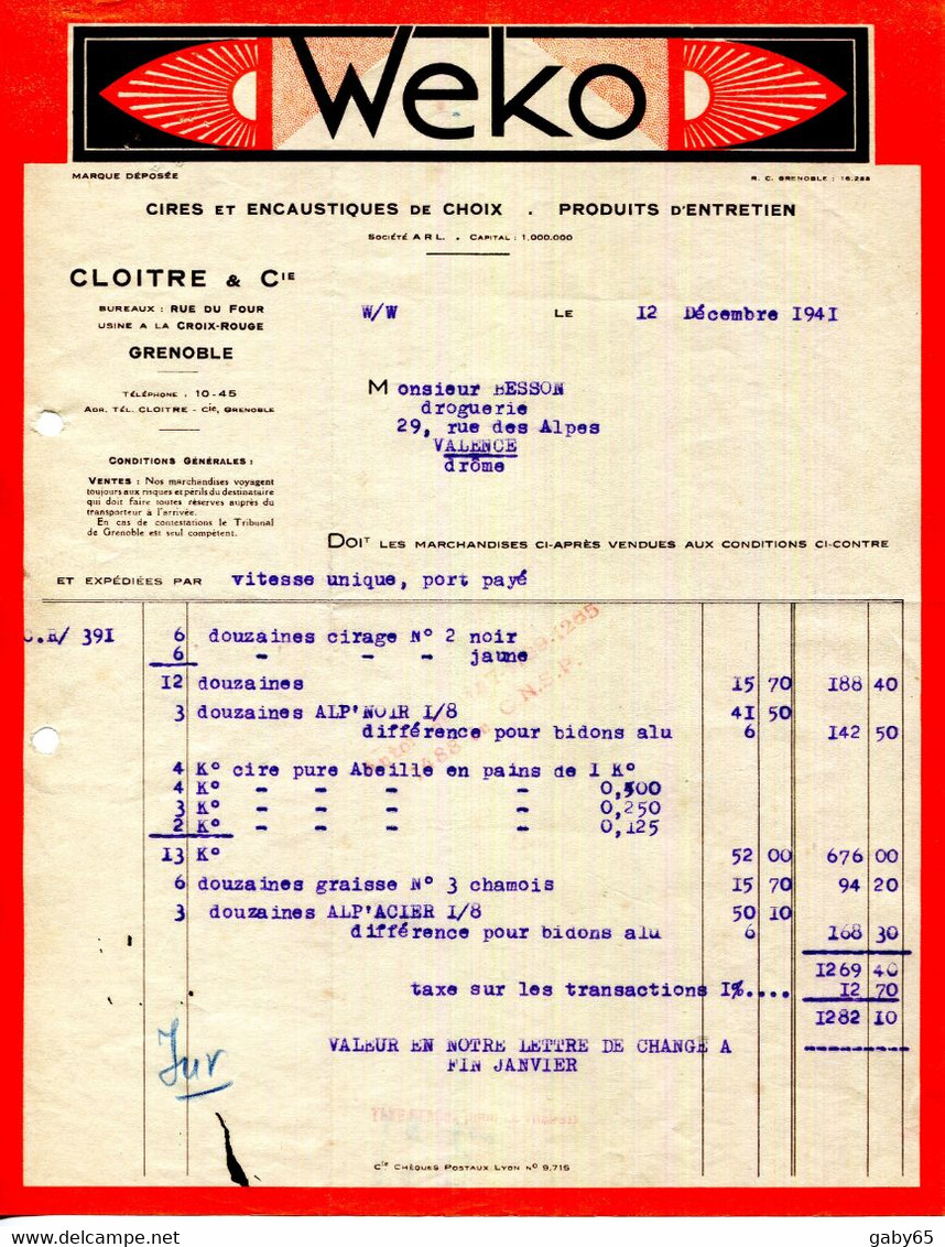 38.GRENOBLE.CIRES & ENCAUSTIQUES.PRODUITS D'ENTRETIEN " WEKO " CLOITRE & Cie RUE DU FOUR.USINE A LA CROIX ROUGE. - Chemist's (drugstore) & Perfumery