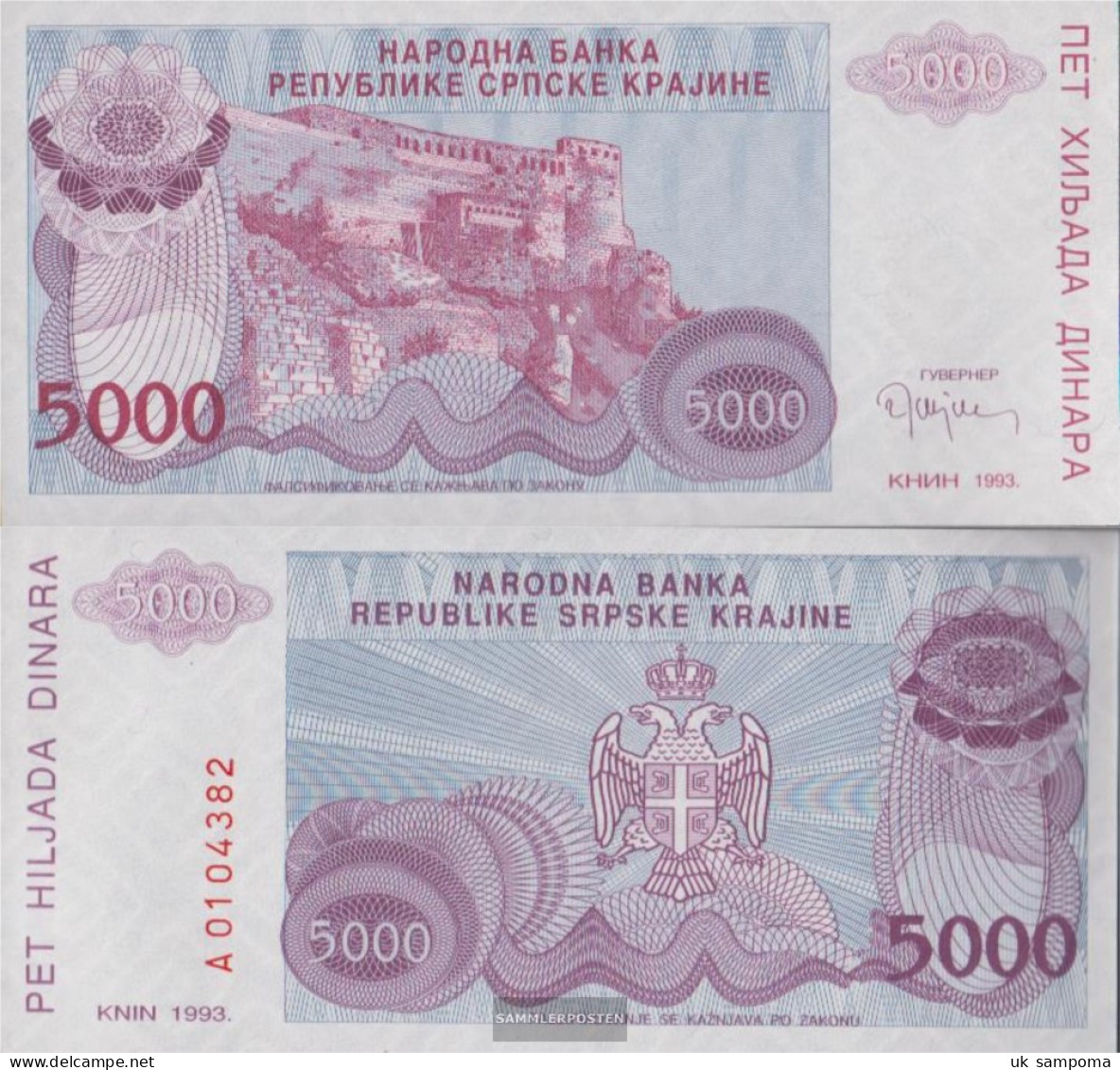 Croatia Pick-number: R20a Uncirculated 1993 5.000 Dinara - Croatie