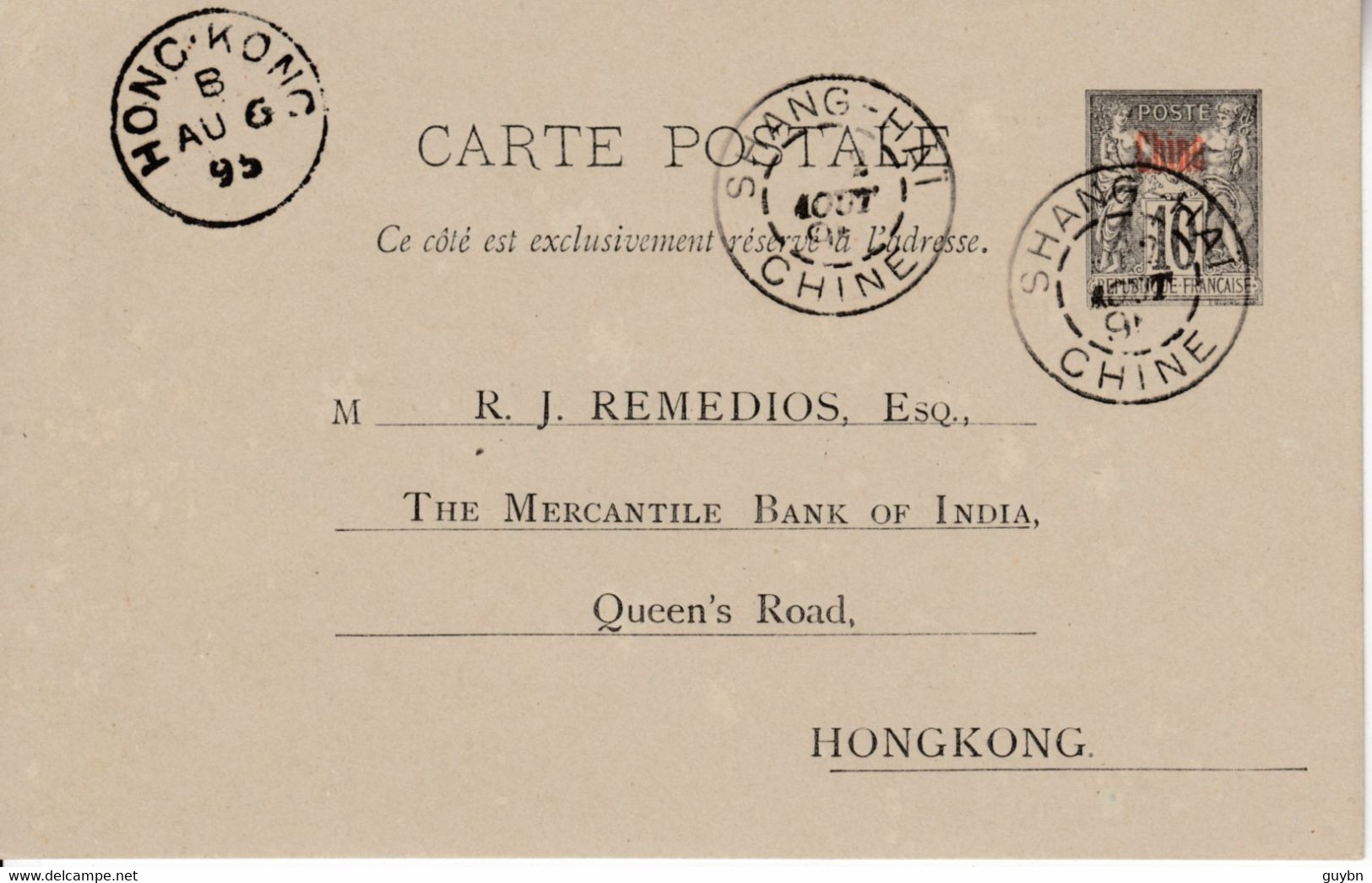 < Chang-Hai Chine .. Sur Entier Stationery Ganzsachen Carte  Postale Sage Surchargée Chine Pour Hongkonk - Briefe U. Dokumente