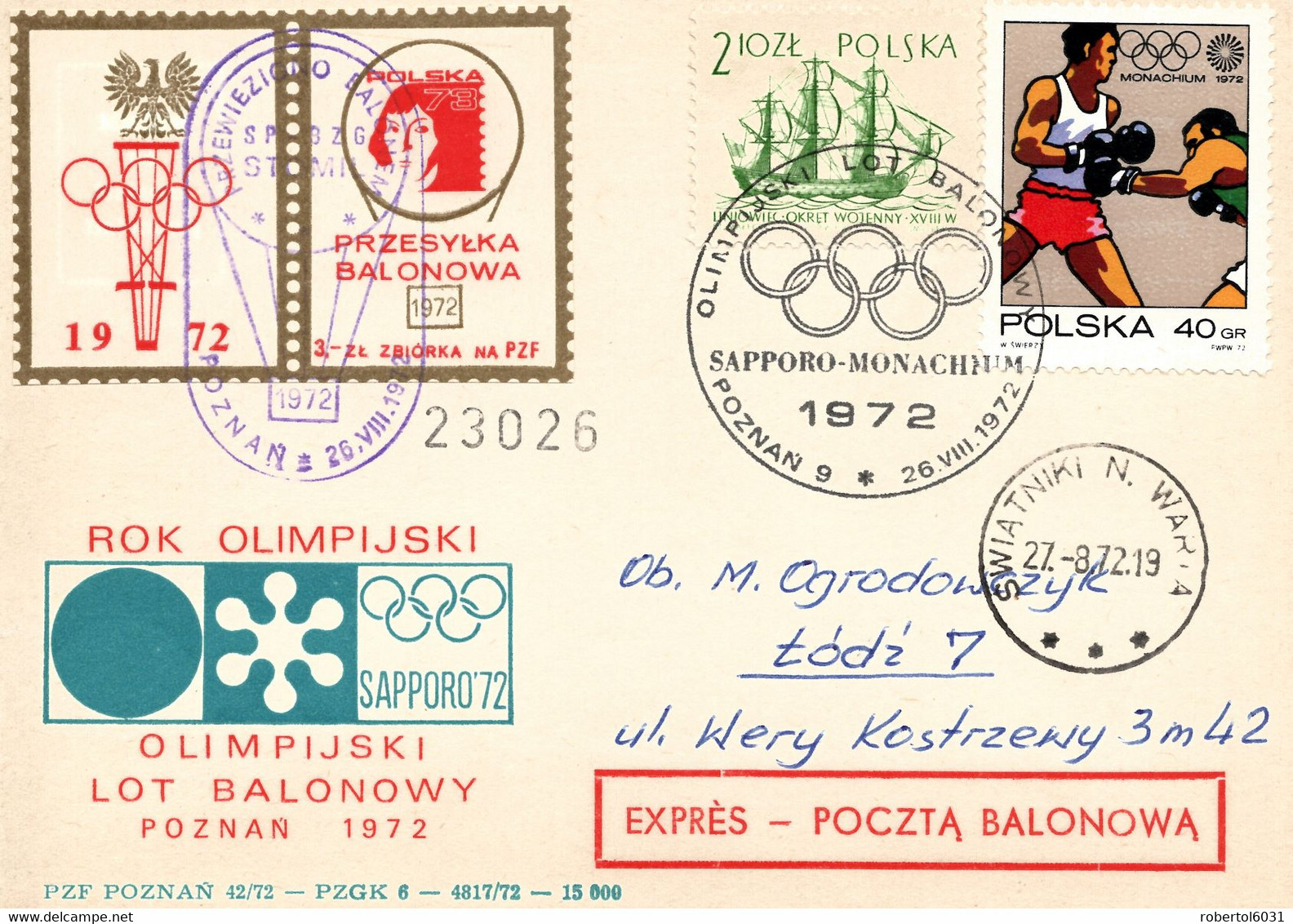 Poland 1972 Thincard Posted By Balloon Post From Poznan To Lodz With Special Cancel Olympic Games Sapporo And Munich - Ballonpost