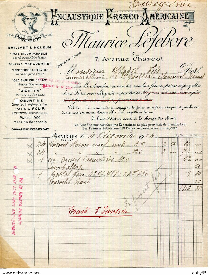 92.ASNIERES.ENCAUSTIQUE FRANCO-AMERICAINE.MAURICE LEFEBVRE 7 AVENUE CHARCOT. - Perfumería & Droguería