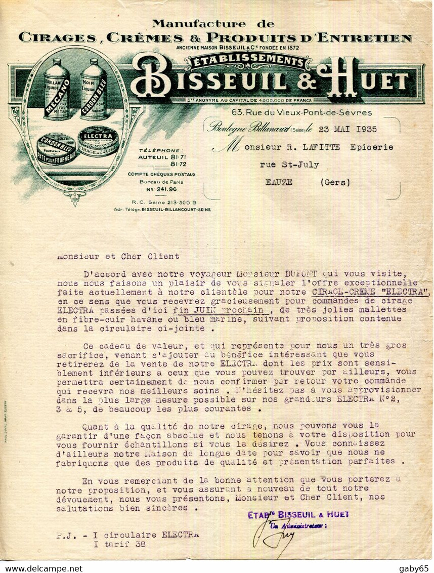 BOULOGNE BILLANCOURT.MANUFACTURE DE CIRAGES,CREMES & PRODUITS ENTRETIEN.BISSEUIL & HUET 63 RUE DU VIEUX PONT DE SEVRES. - Droguerie & Parfumerie