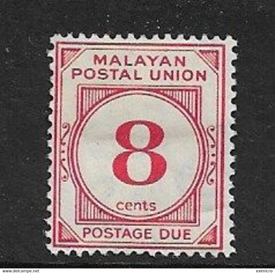 MALAYA - MALAYAN POSTAL UNION 1936 8c POSTAGE DUE SG D3 MOUNTED MINT Cat £24 - Malayan Postal Union