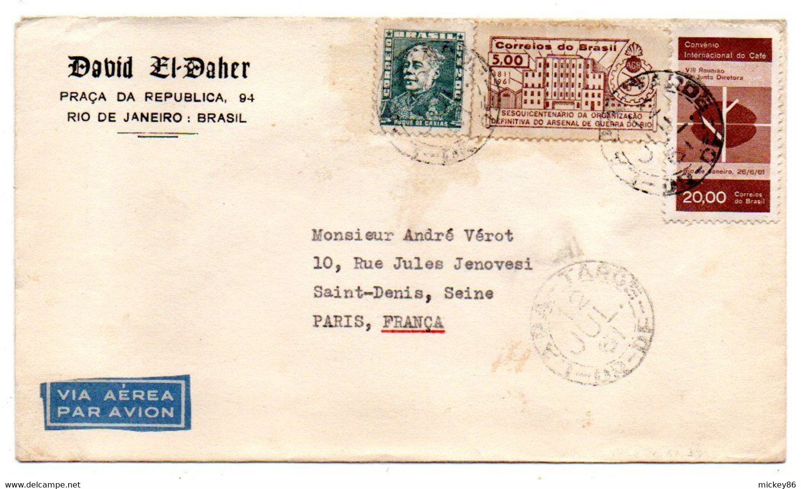 Brésil--1961--lettre De RIO DE JANEIRO Pour St DENIS (France)..timbres,cachets..David El Daher - Briefe U. Dokumente