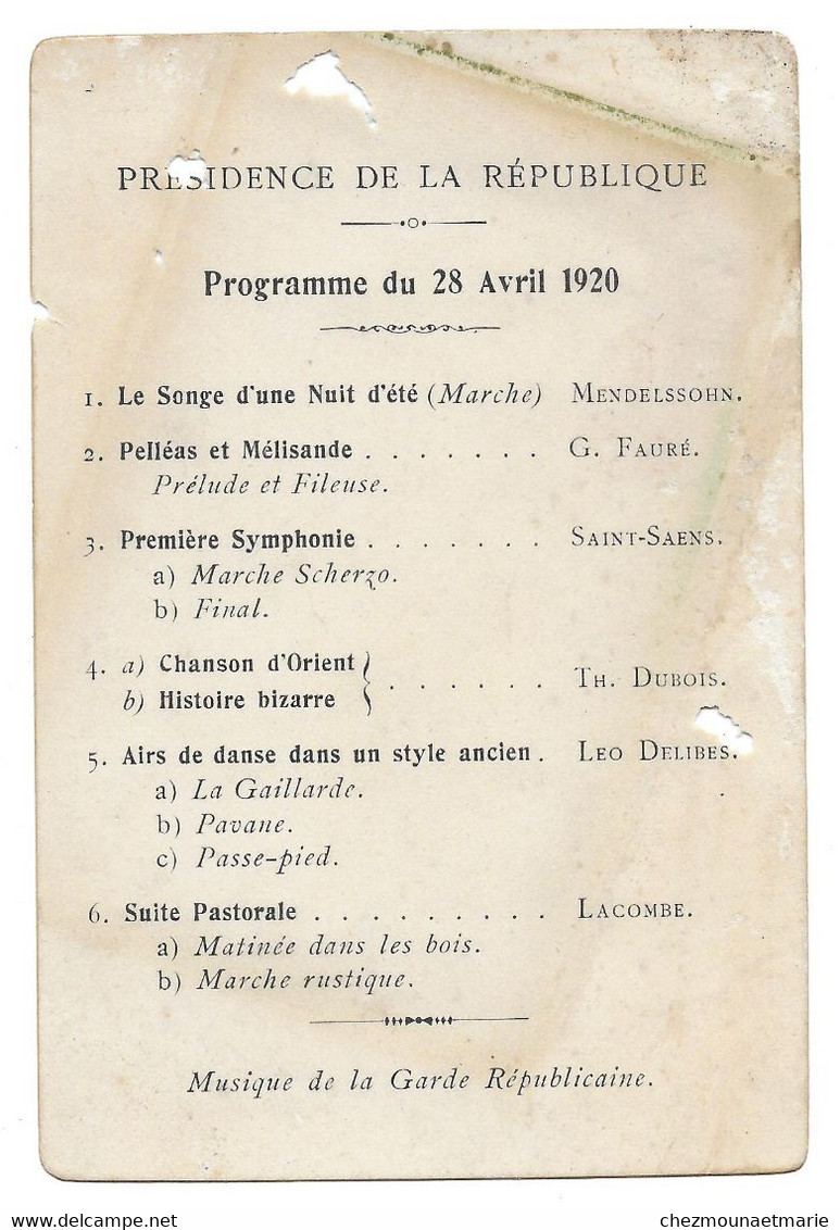 PROGRAMME DU 28 AVRIL 1920 - PRESIDENCE DE LA REPUBLIQUE - MUSIQUE DE LA GARDE REPUBLICAINE - Programs