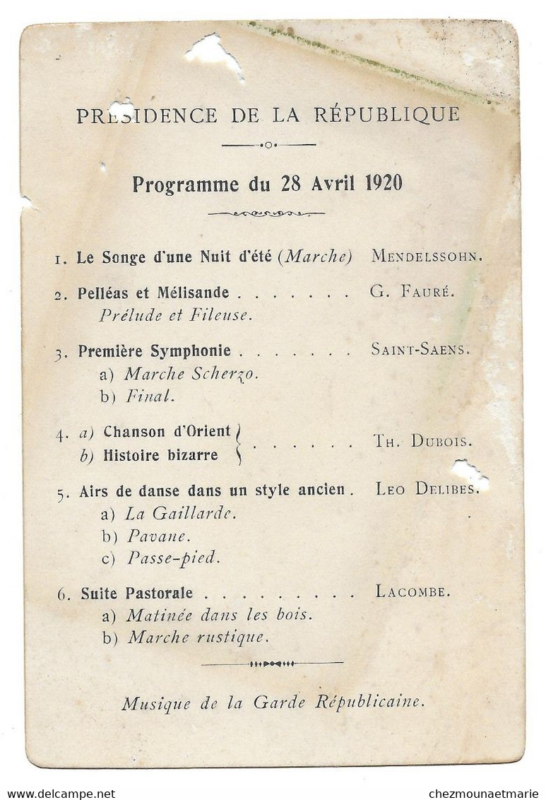 PROGRAMME DU 28 AVRIL 1920 - PRESIDENCE DE LA REPUBLIQUE - MUSIQUE DE LA GARDE REPUBLICAINE - Programme