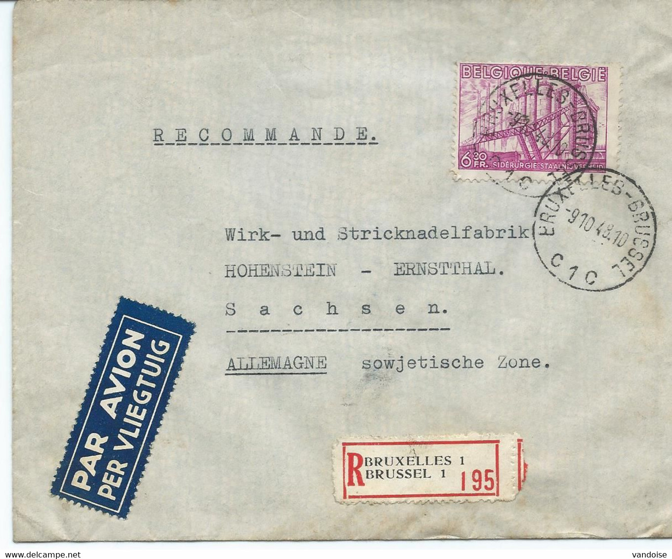 LETTRE  PAR AVION RECOMMANDEE 1948 A DESTINATION DE L'ALLEMAGNE AVEC TIMBRE A 6,30 FR SIDERIURGIE - 1948 Exportación